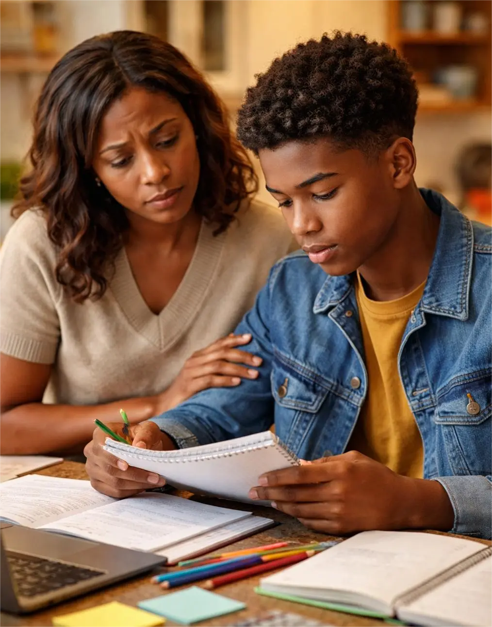 Worried mother and daughter looking at poor exam results