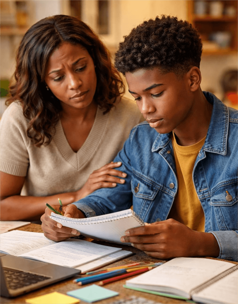 Worried mother and daughter looking at poor exam results